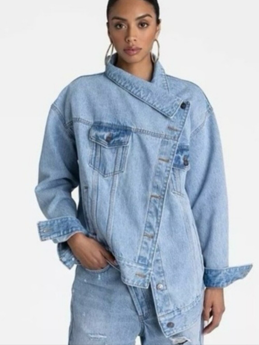 KAHLANA BARFIELD BROWN Light Wash Asymmetrical Denim Jacket